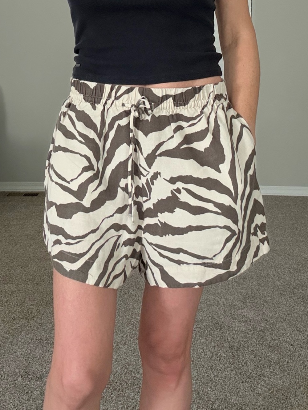 H&M Zebra-Print Drawstring Shorts in Cream and Brown
